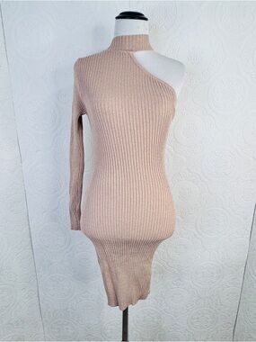 Privy size Small Gold Knit Ribbed Stretchy Bodycon One Shoulder Cocktail Formal